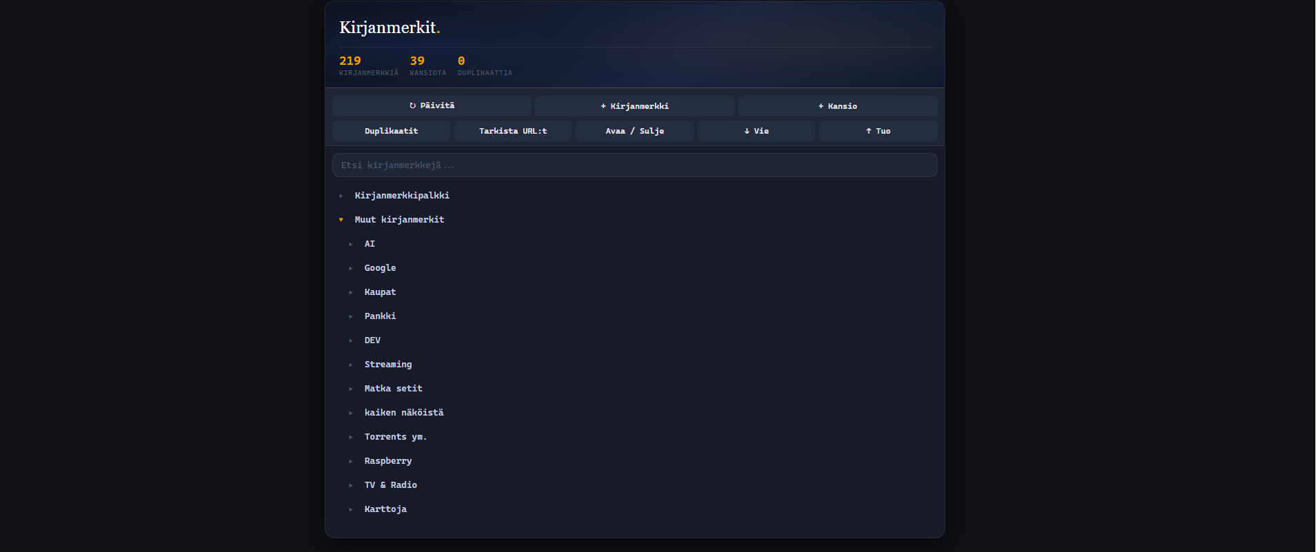 Bookmark Manager Pro -projektin näkymä